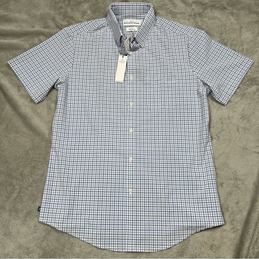 NWT Mizzen + Main Leeward Button Down S/S Shirt Mens L White Blue Check Trim Fit